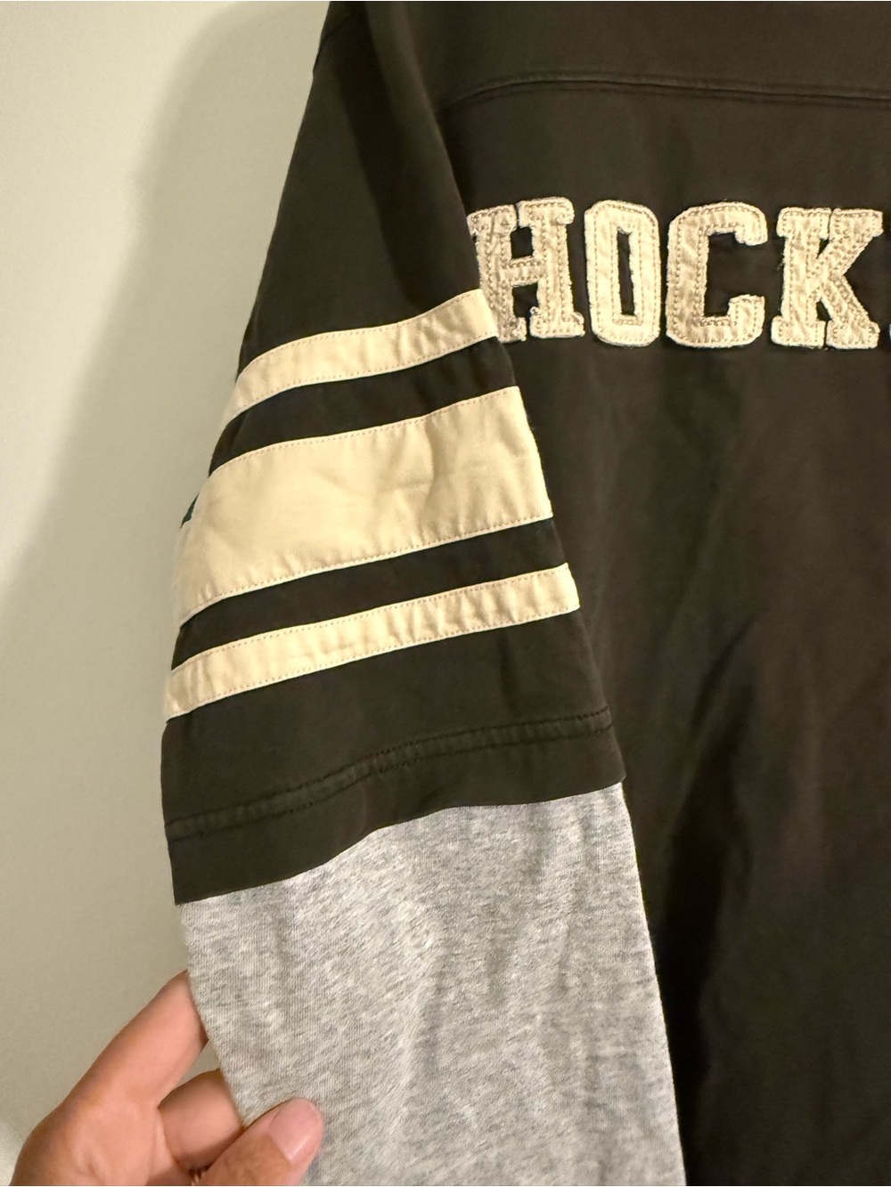 Lands' End Layered-Look 'HOCKEY' Long Sleeve Shirt in Black, Gray & Cream - Picture 2 of 4